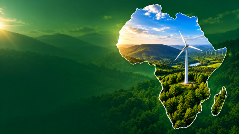 Concept illustration of Africa with green landscapes and wind energy